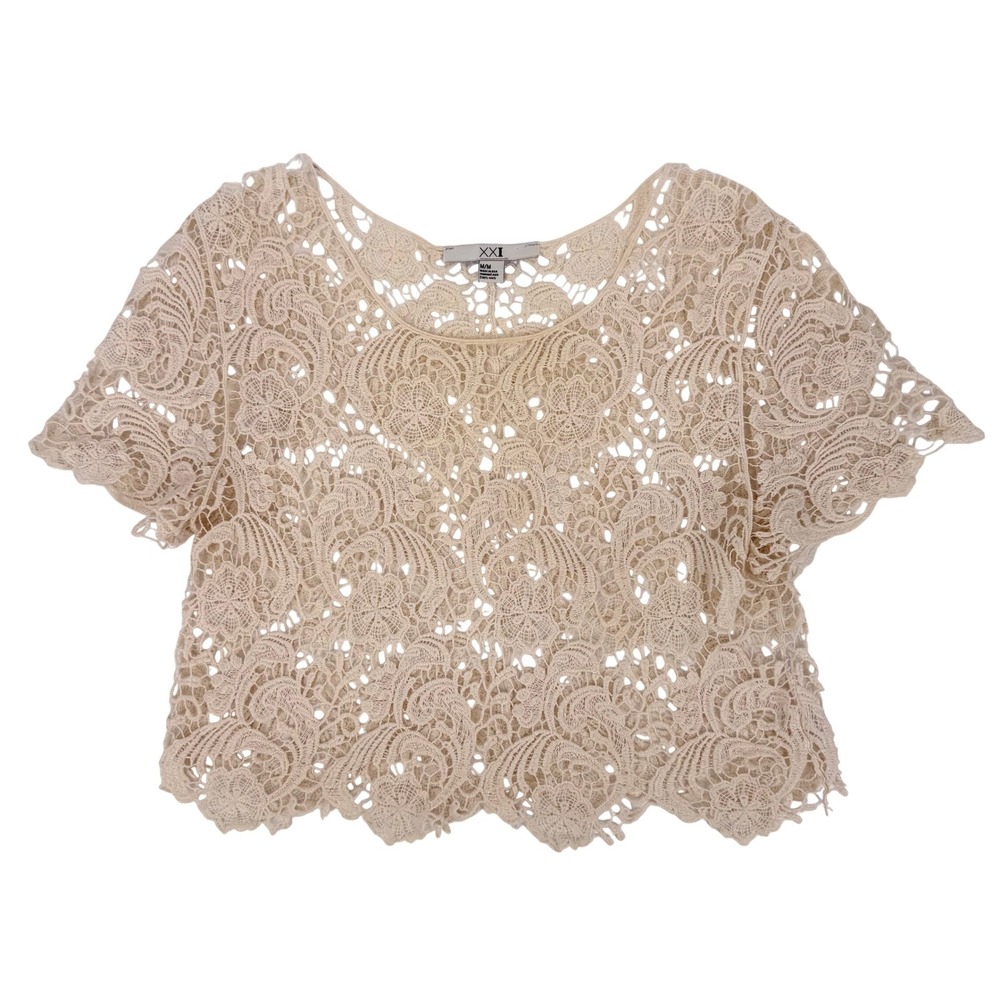 Vintage‎ Forever 21 90s Lace Crop Top Women Medium Beige Boho Scalloped Hem